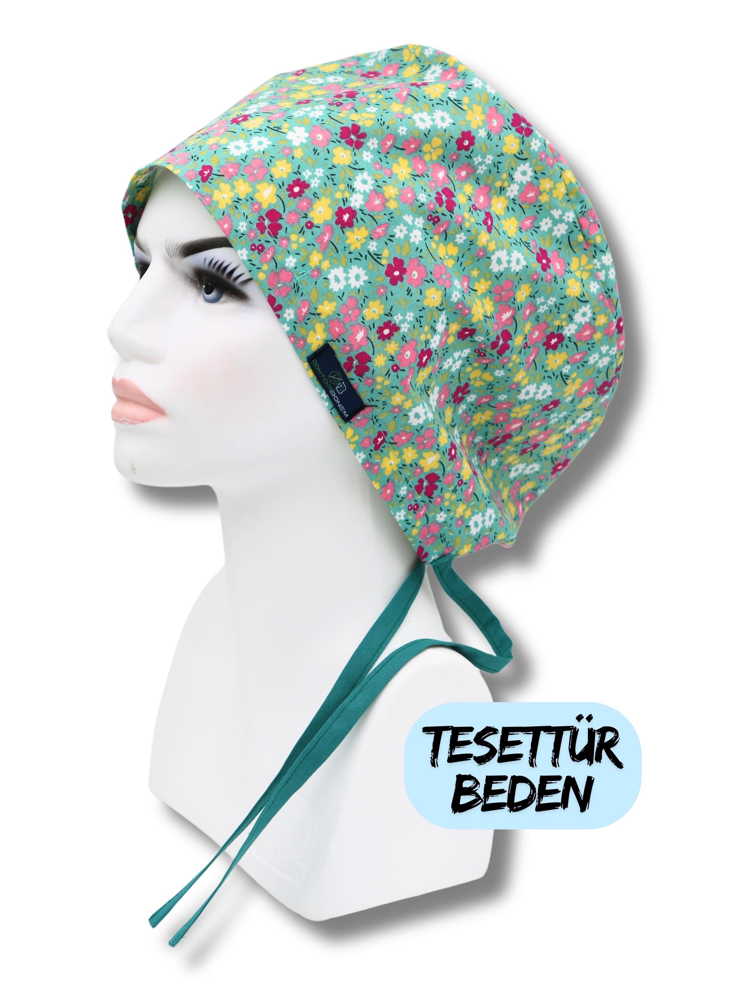 Tesettür Beden Yeşil Minik Çiçekler Bone Doktor Hemşire Sağlıkçı Hastane Bonesi
