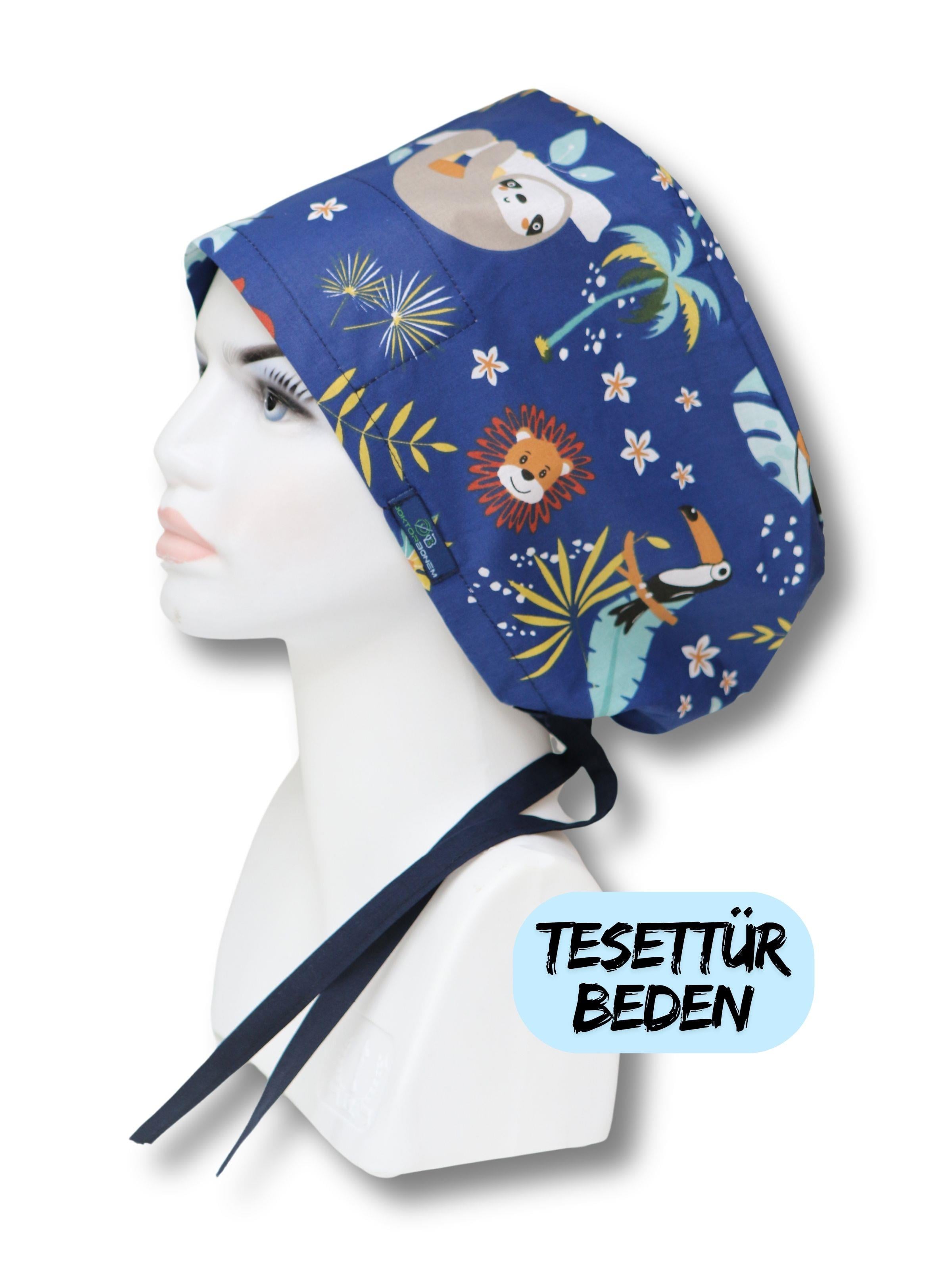 Tesettür Lacivert Orman Desenli Cerrahi Bone Doktor Hemşire Sağlıkçı Bonesi Geniş Kesim