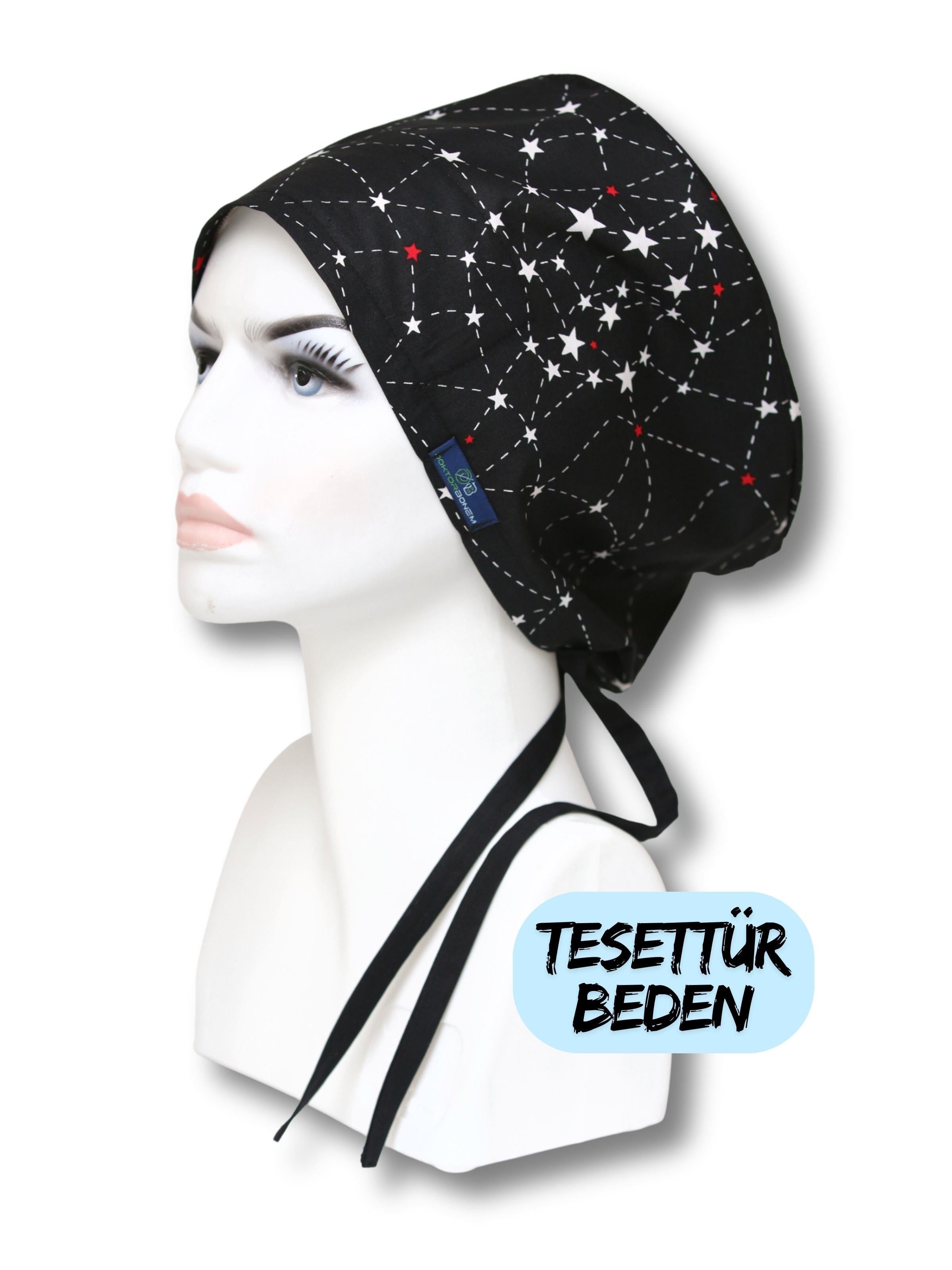 Tesettür Takım Yıldızı Siyah Desenli Cerrahi Bone Doktor Hemşire Sağlıkçı Bonesi Geniş Kesim