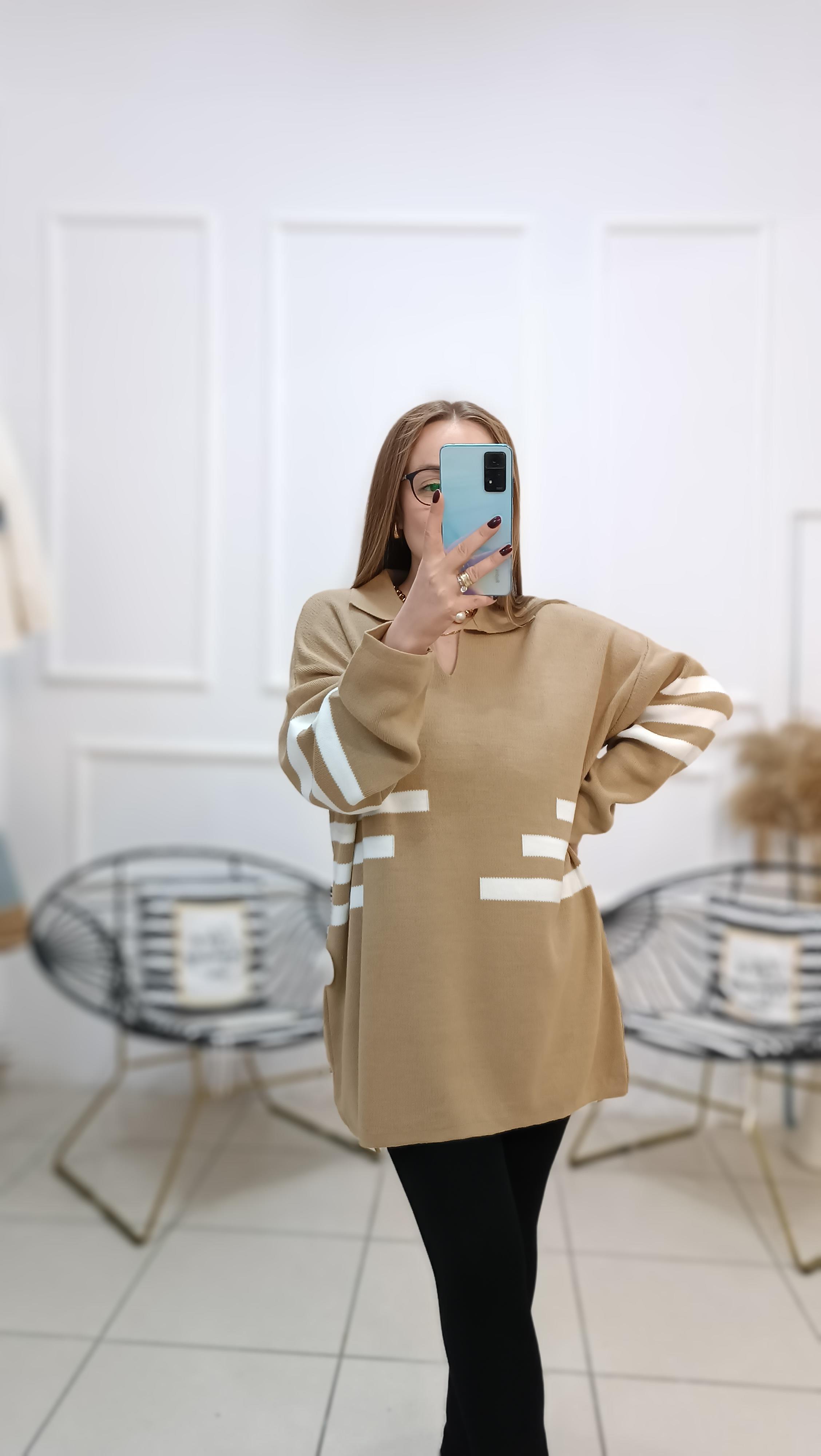 Polo Yaka Oversize Kalıp Triko Tunik Kazak