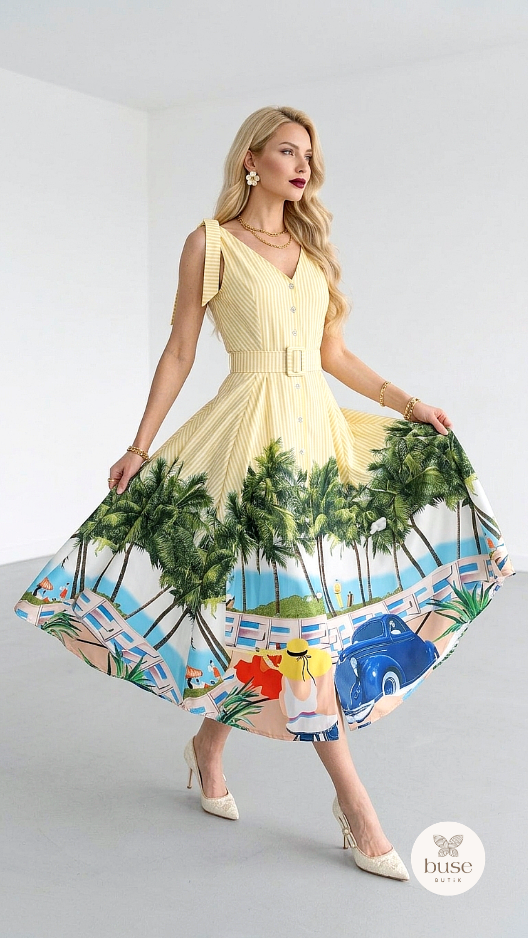 Tropikal Desenli Kemerli Sarı Çizgili Midi Elbise