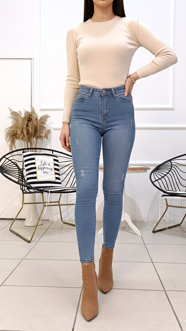 Yüksek Bel Likralı Tırnak Desen Jean
