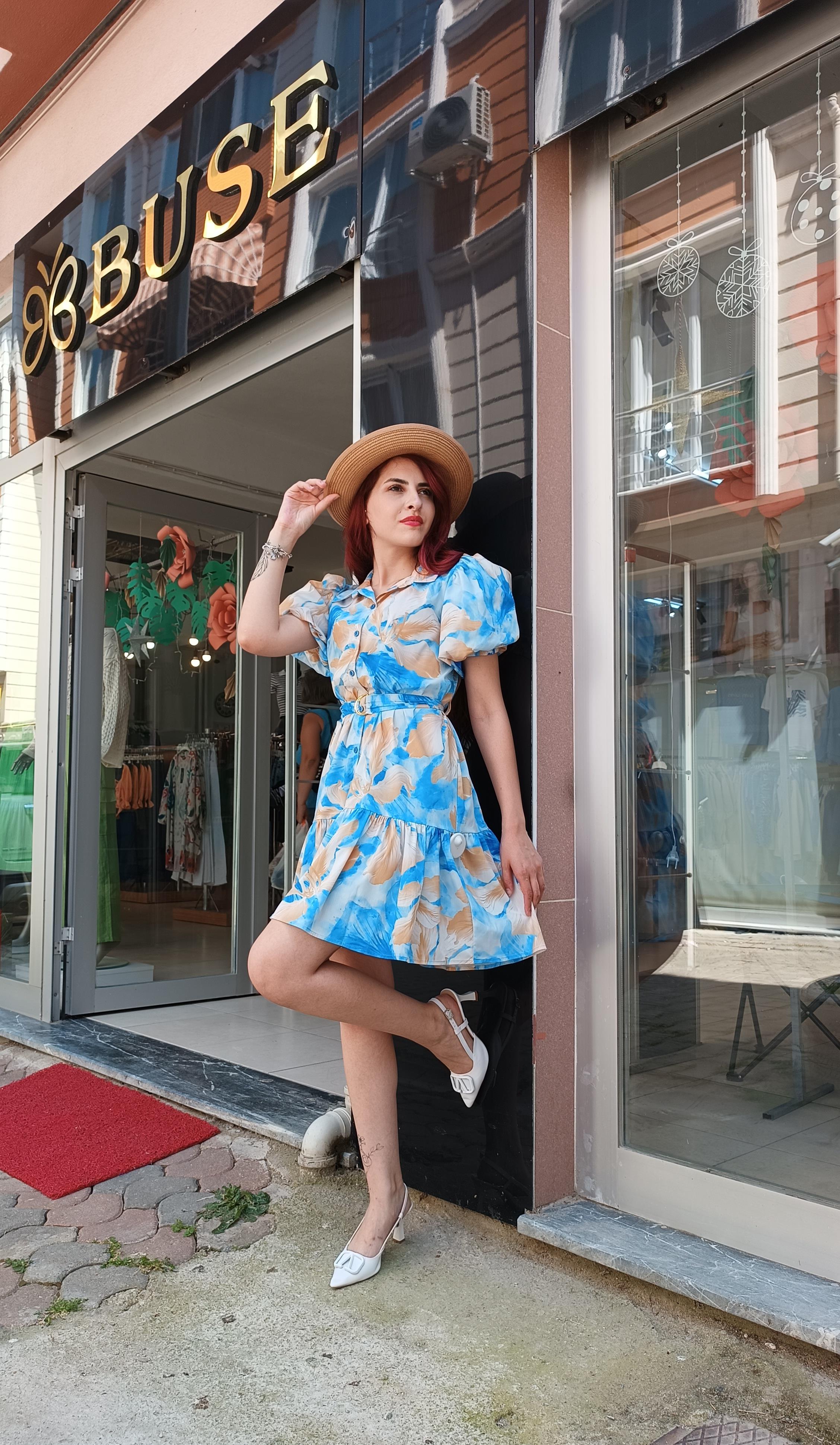Balon Kol Etek Ucu Volanlı Gömlek Elbise