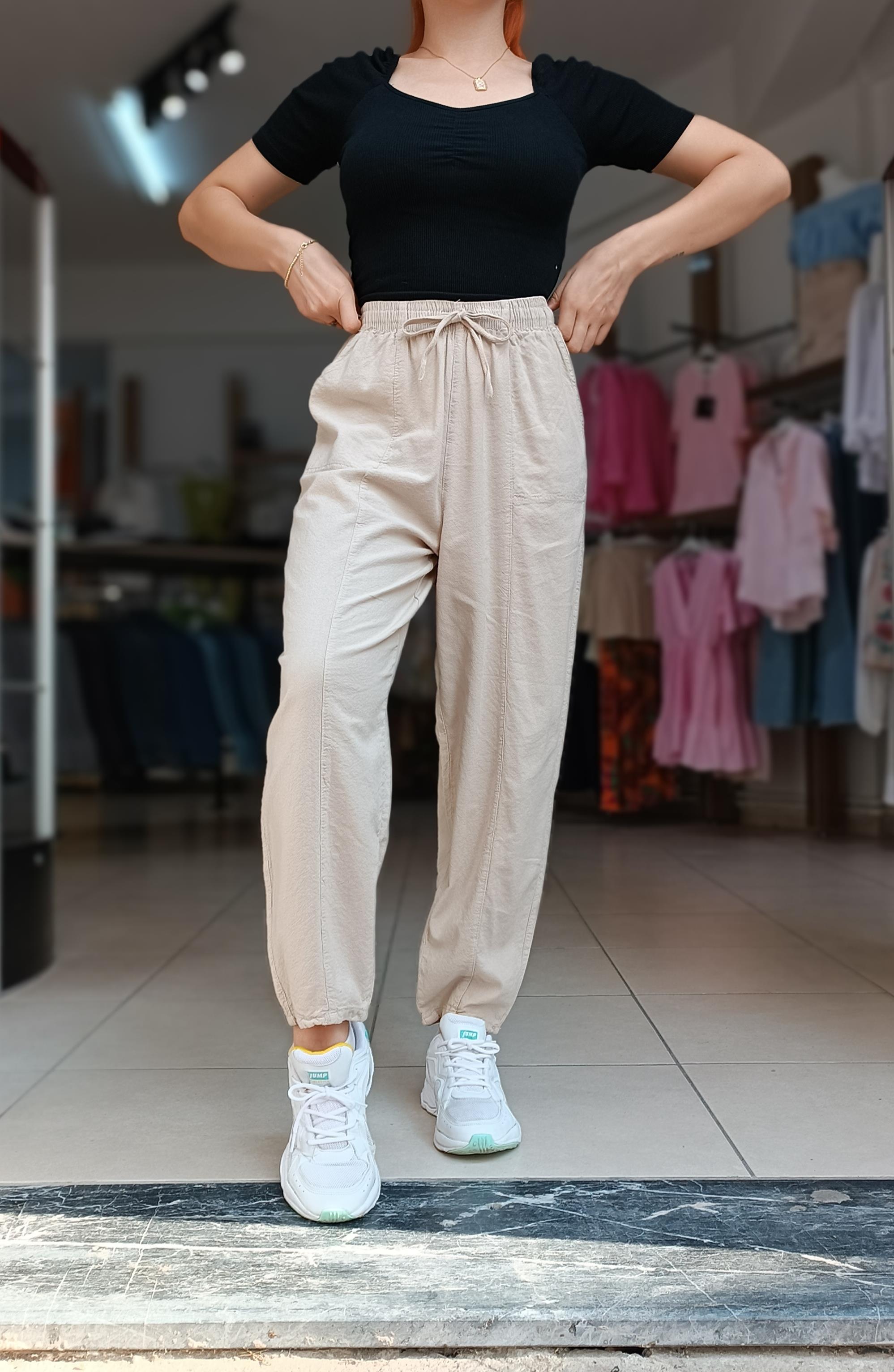 Beli Lastikli İki Yanı Cepli Keten Pantolon