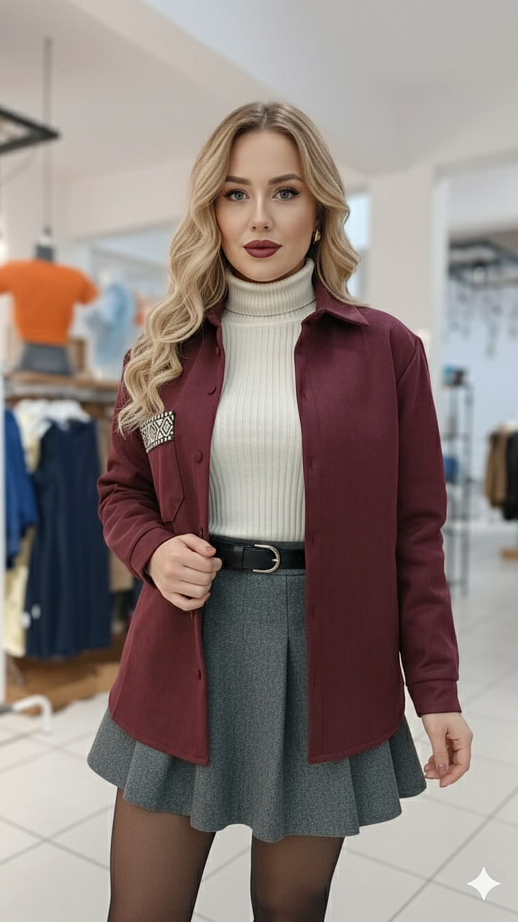 Cep Kısmı Nakış Detaylı Süet Ceket Gömlek