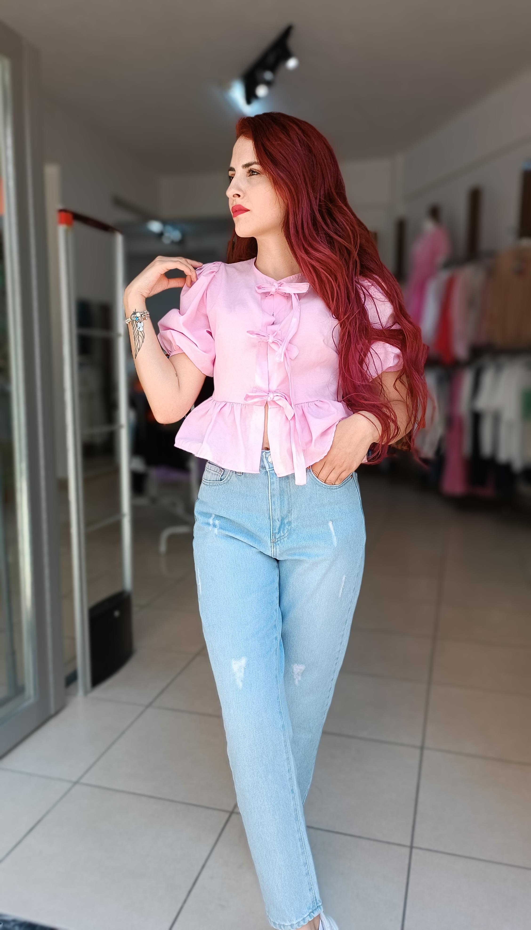 Karpuz Kol Önü Kurdele Detaylı Poplin Bluz