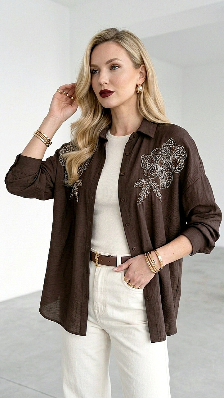 Nakış İşlemeli İthal Krep Keten Oversize Gömlek