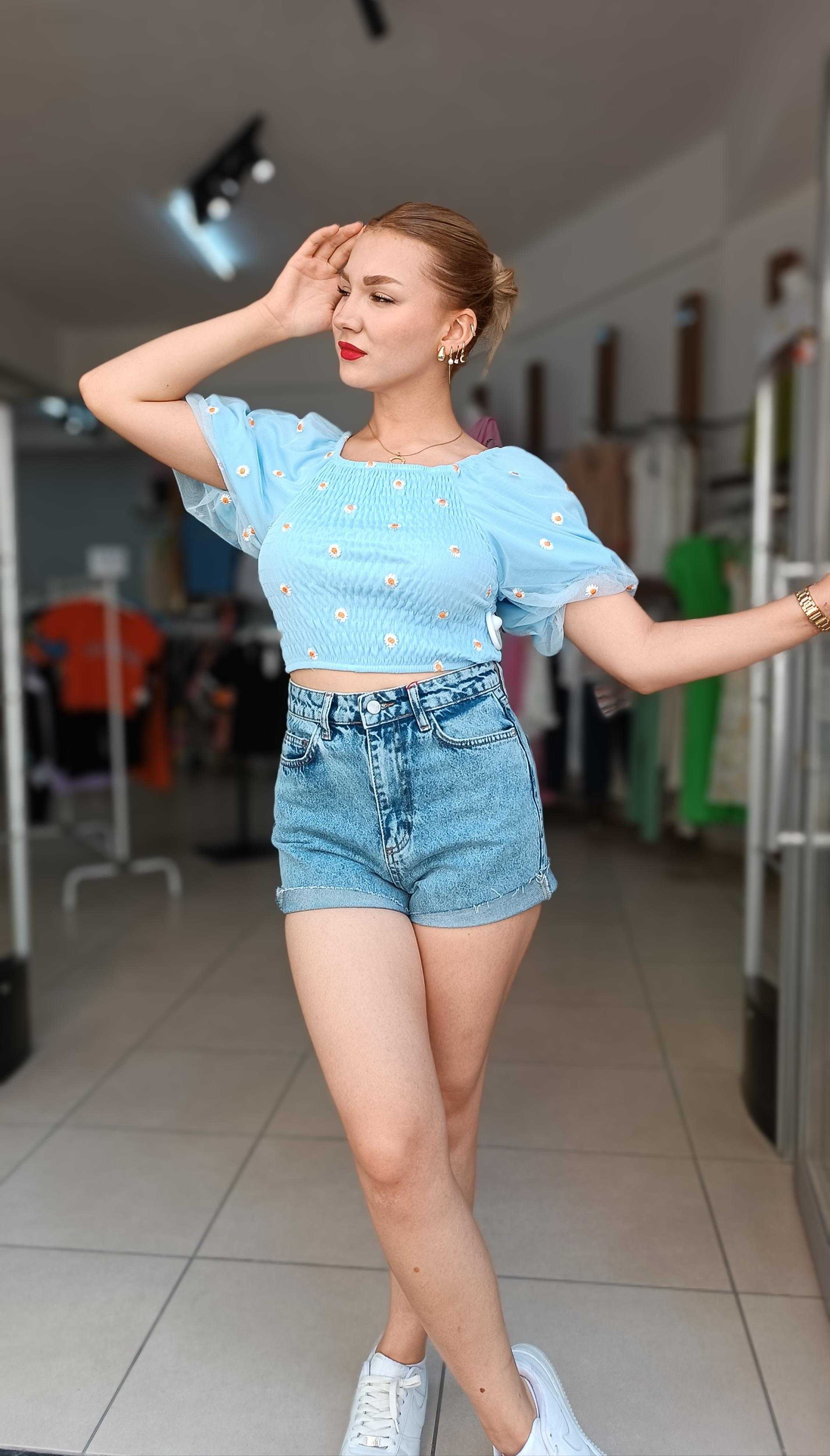 Papatya Desen Tül Kollu Crop 