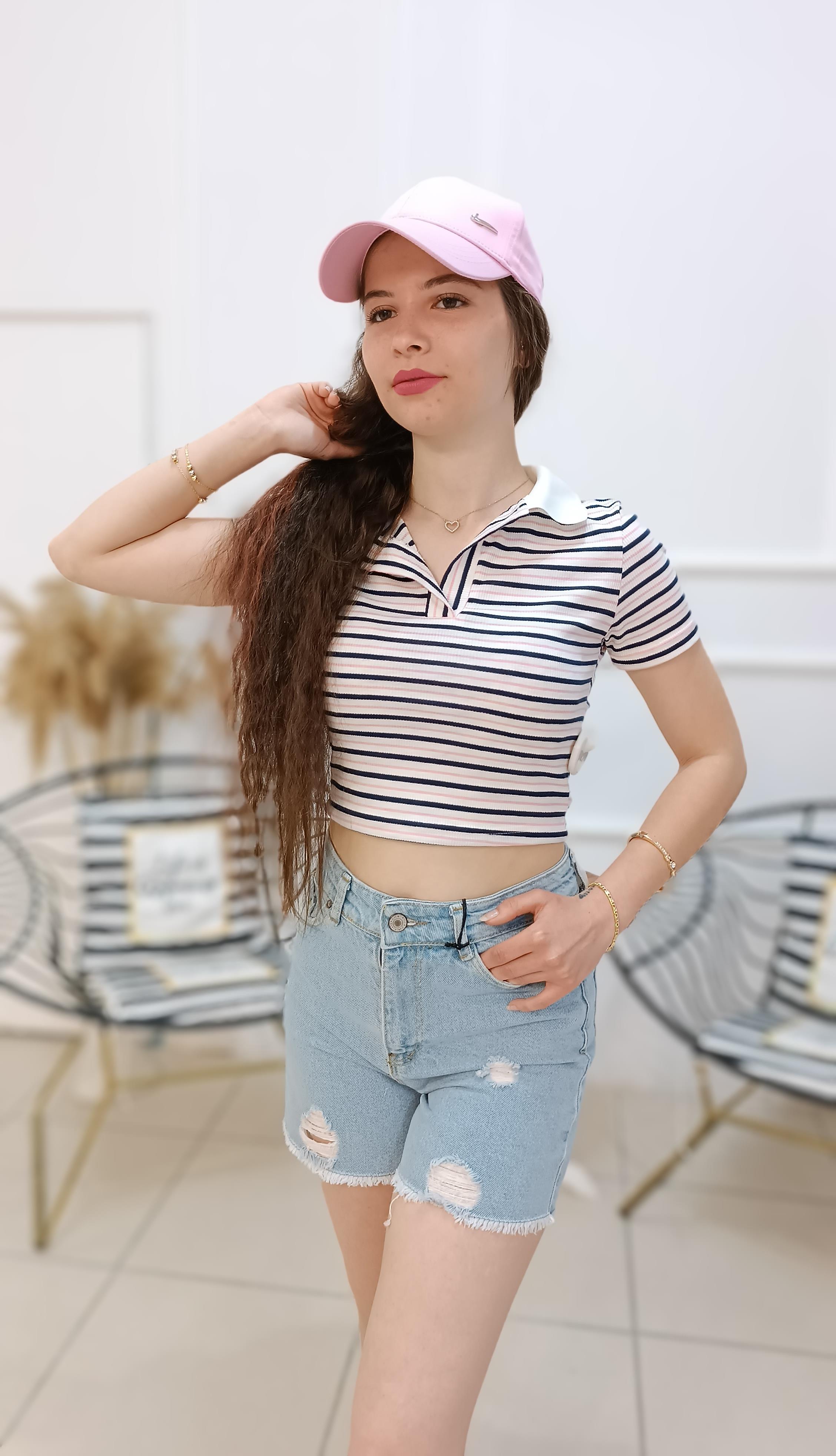 Polo Yaka Çizgili Fitilli Crop