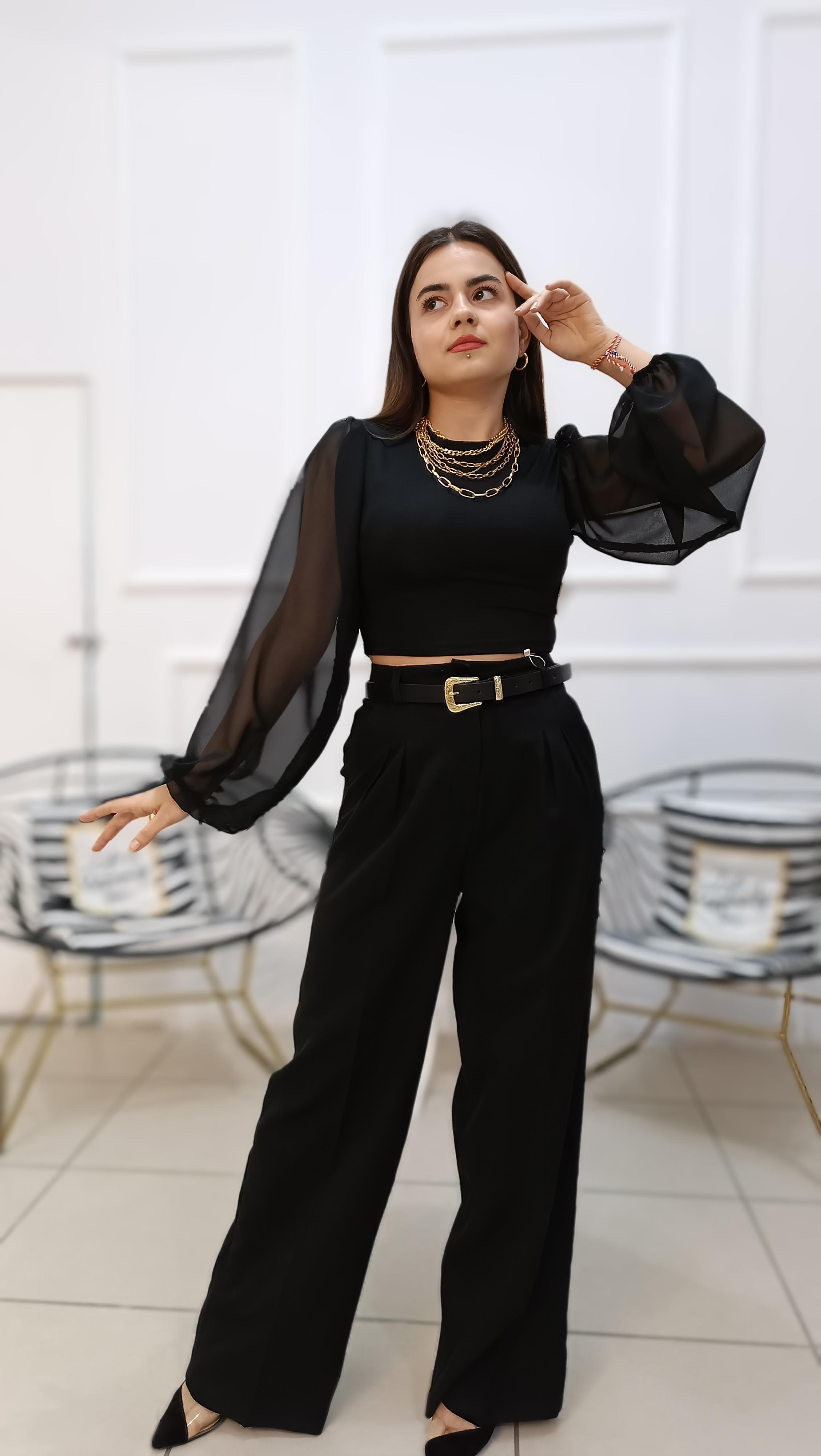 Tül kollu Croptop Bluz