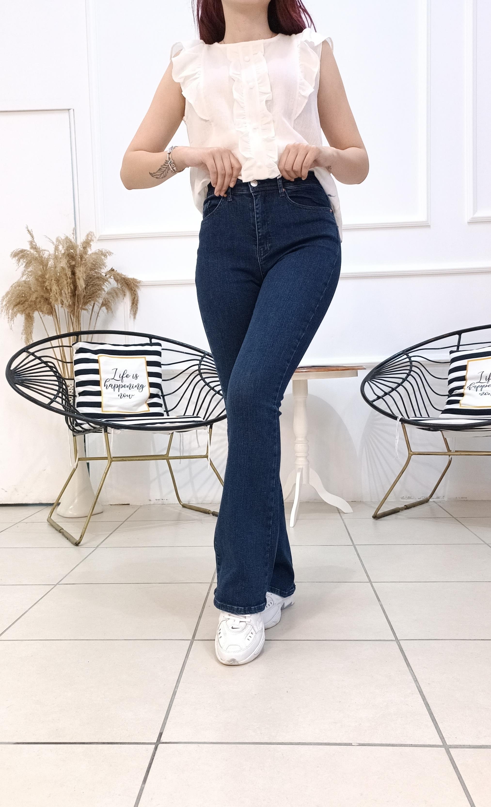 Yüksek Bel Likralı İspanyol Paça Jean