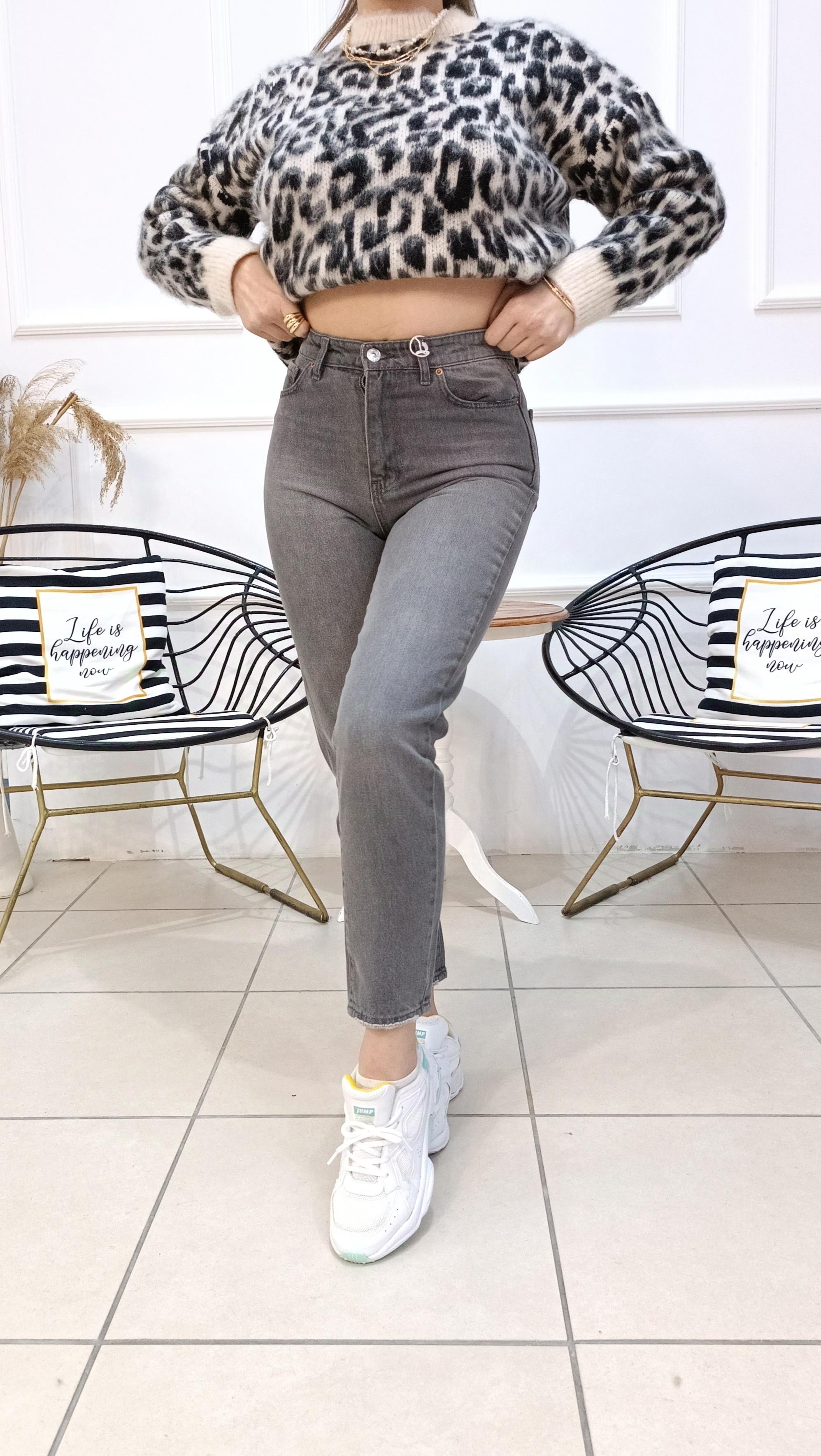 Yüksek Bel Likrasız Mom Fit Gri Jean