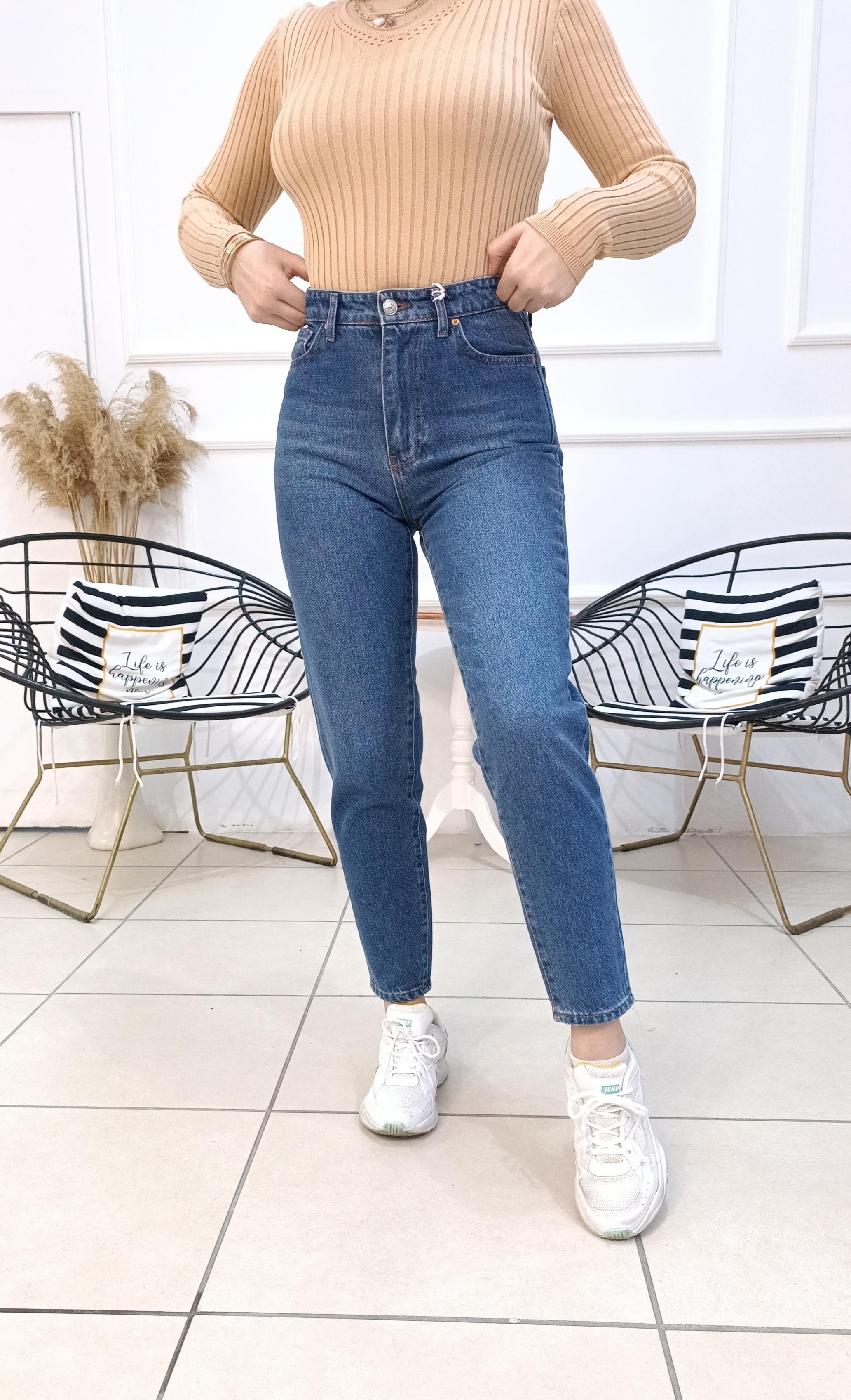 Yüksek Bel Likrasız Mom Fit Laci Jean