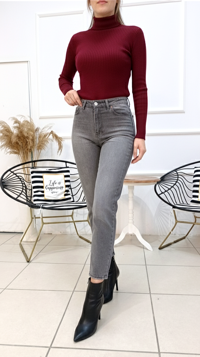 Yüksek Likrasız Gri Mom Fit Jean