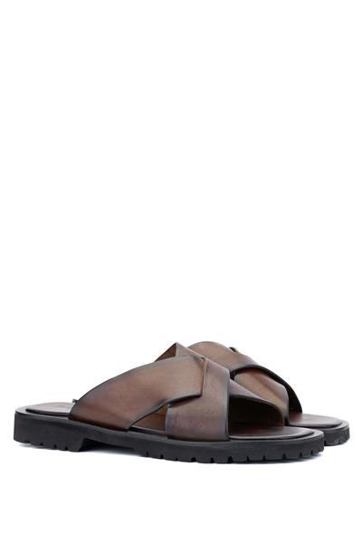 Sandals Factory Erkek Hakiki Deri Kahverengi Düz Terlik