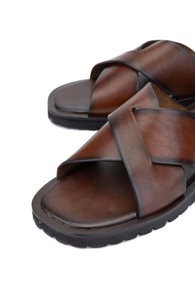 Sandals Factory Erkek Hakiki Deri Kahverengi Düz Terlik