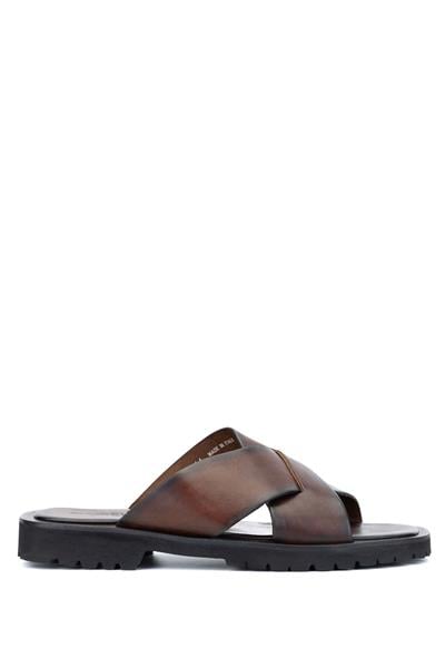 Sandals Factory Erkek Hakiki Deri Kahverengi Düz Terlik