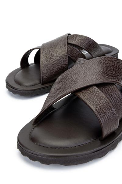 Sandals Factory Erkek Hakiki Deri Kahverengi Düz Terlik