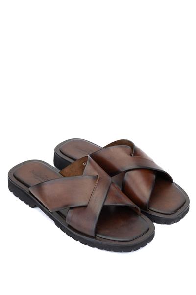 Sandals Factory Erkek Hakiki Deri Kahverengi Düz Terlik