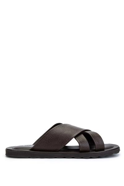 Sandals Factory Erkek Hakiki Deri Kahverengi Düz Terlik