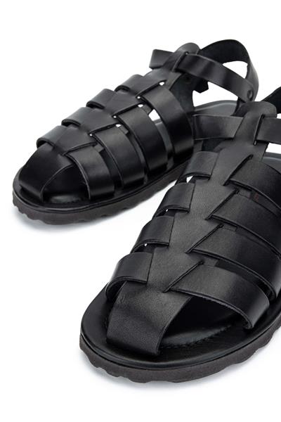 Sandals Factory Erkek Hakiki Deri Siyah Düz Sandalet