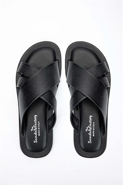 Sandals Factory Erkek Hakiki Deri Siyah Düz Terlik