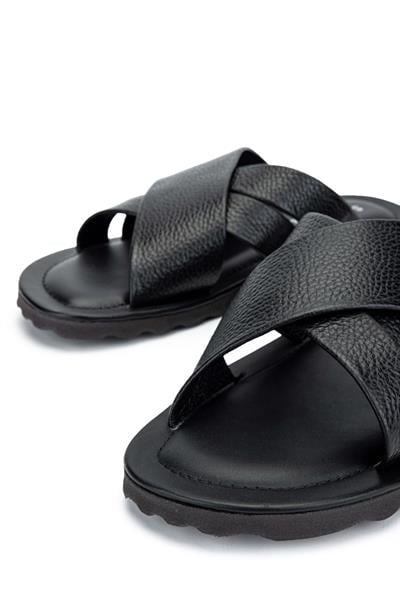 Sandals Factory Erkek Hakiki Deri Siyah Düz Terlik