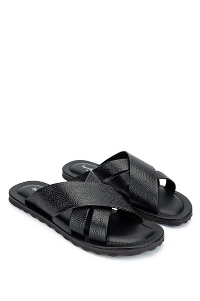 Sandals Factory Erkek Hakiki Deri Siyah Düz Terlik