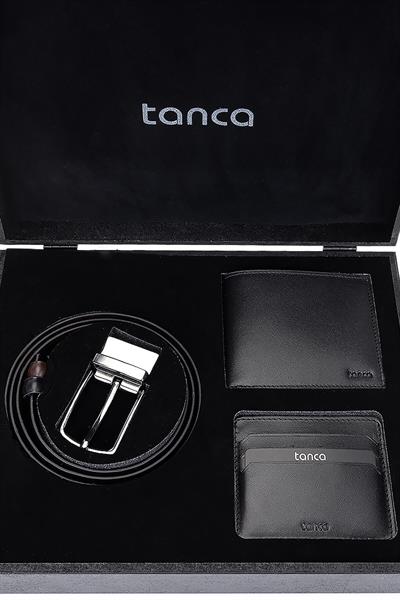Tamer Tanca Erkek Hakiki Deri Siyah Set Kutusu
