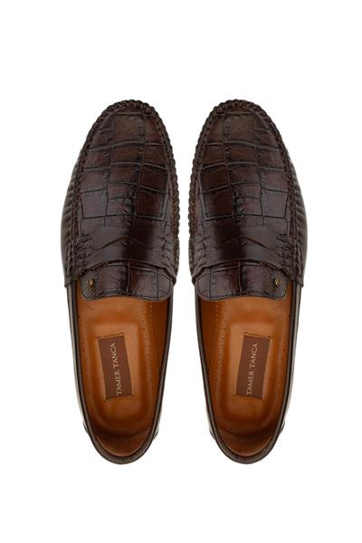 Tamer Tanca Erkek Hakiki Deri Kahverengi Kroko Loafer Ayakkabı