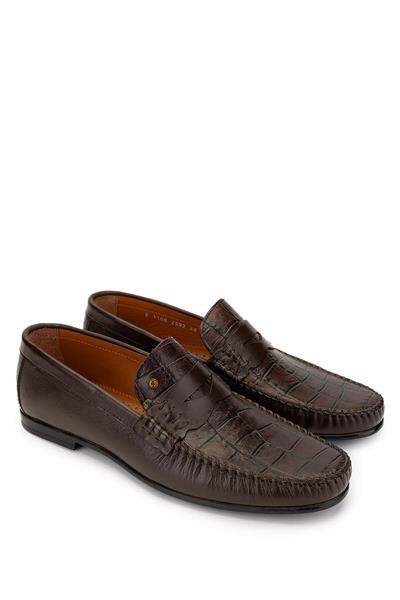 Tamer Tanca Erkek Hakiki Deri Kahverengi Kroko Loafer Ayakkabı