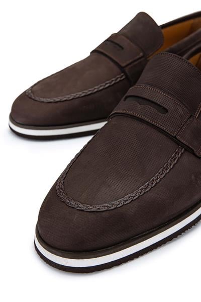 Tamer Tanca Erkek Hakiki Deri Kahverengi Nubuk Loafer Ayakkabı