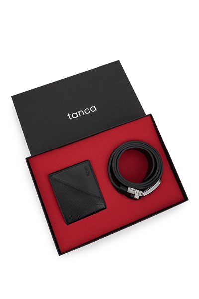 Tamer Tanca Erkek Hakiki Deri Siyah Deri Set Kutusu