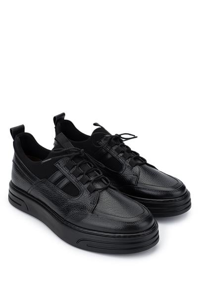 Tamer Tanca Erkek Hakiki Deri Siyah Deri Sneaker Ayakkabı