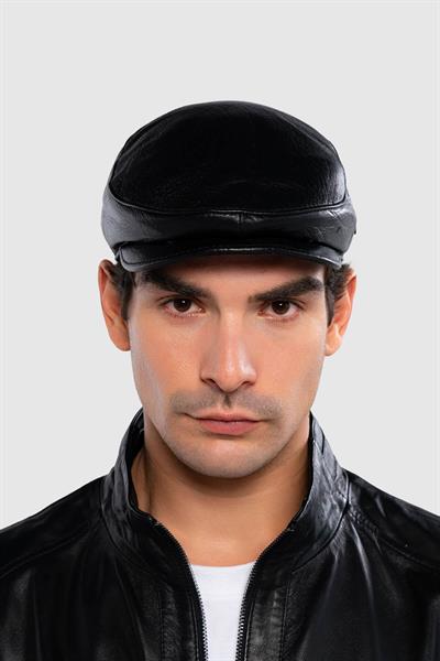 Tamer Tanca Erkek Hakiki Deri Siyah Kasket Şapka