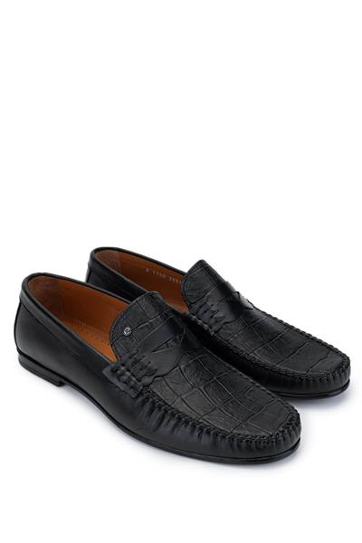 Tamer Tanca Erkek Hakiki Deri Siyah Kroko Loafer Ayakkabı