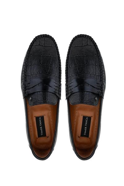 Tamer Tanca Erkek Hakiki Deri Siyah Kroko Loafer Ayakkabı