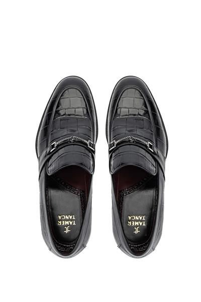 Tamer Tanca Erkek Hakiki Deri Siyah Kroko Loafer Ayakkabı