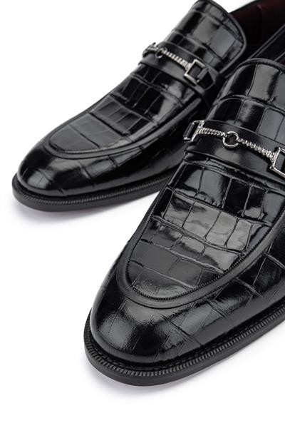 Tamer Tanca Erkek Hakiki Deri Siyah Kroko Loafer Ayakkabı
