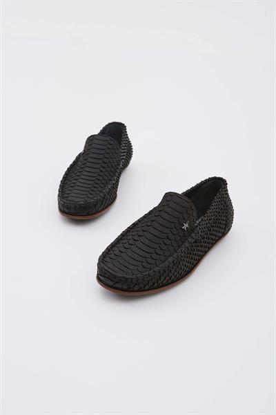 Tamer Tanca Erkek Hakiki Deri Siyah Yılan Desen Loafer Ayakkabı