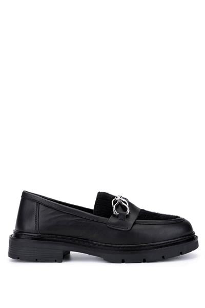 Tamer Tanca Kadın Deri & Tekstil Siyah Loafer Ayakkabı