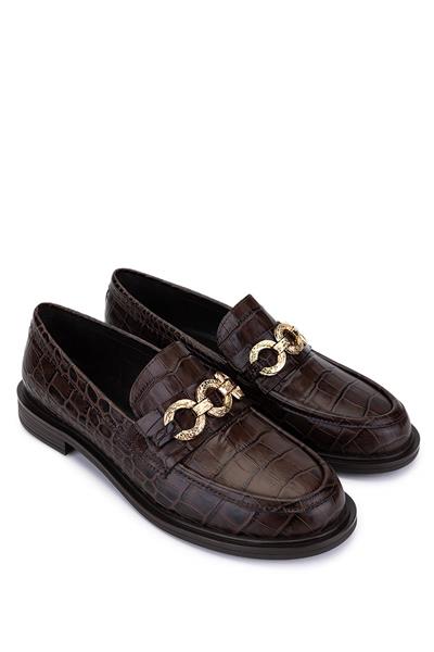 Tamer Tanca Kadın Hakiki Deri Kahverengi Kroko Loafer Ayakkabı