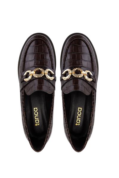 Tamer Tanca Kadın Hakiki Deri Kahverengi Kroko Loafer Ayakkabı