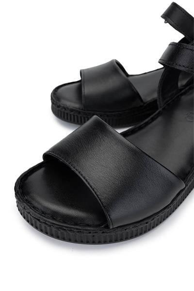 Tamer Tanca Kadın Hakiki Deri Siyah Deri Comfort Sandalet