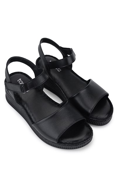Tamer Tanca Kadın Hakiki Deri Siyah Deri Comfort Sandalet