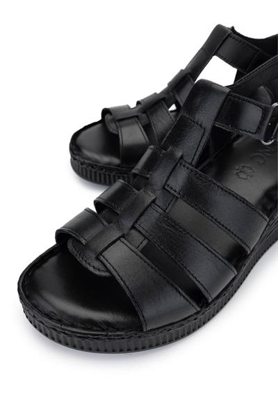 Tamer Tanca Kadın Hakiki Deri Siyah Deri Comfort Sandalet