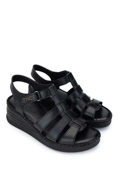 Tamer Tanca Kadın Hakiki Deri Siyah Deri Comfort Sandalet