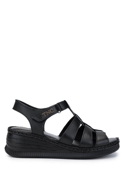 Tamer Tanca Kadın Hakiki Deri Siyah Deri Comfort Sandalet