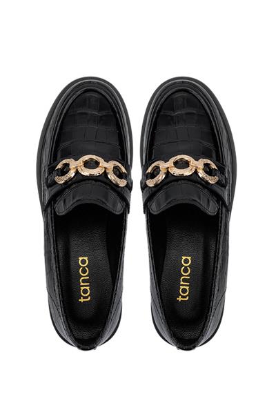 Tamer Tanca Kadın Hakiki Deri Siyah Kroko Loafer Ayakkabı