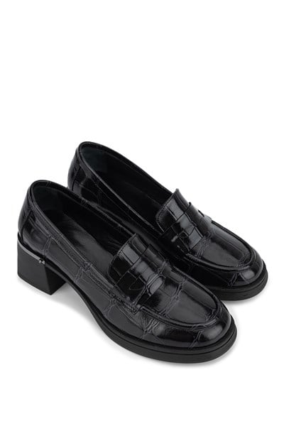 Tamer Tanca Kadın Hakiki Deri Siyah Kroko Loafer Ayakkabı